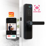 Wifi Video Camera Fingerprint Key Fob Smart Door Lock Handle Black